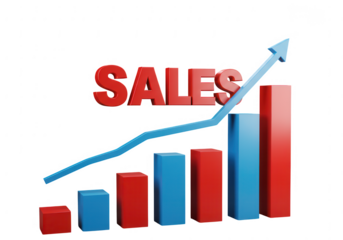 Red and blue bar graph showing upward sales trend with a light blue line isolated on transparent background