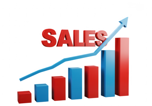 Red and blue bar graph showing upward sales trend with a light blue line isolated on transparent background