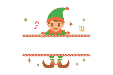 Christmas Elf Split Monogram. Cute cartoon Santa's helper character name frame for festive design for Christmas holiday season 