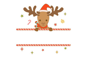 Cute Moose with Santa Hat Christmas Name Frame. Cartoon animal split monogram Design for Christmas holiday season