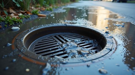 Close up of a storm drain grate with water flowing into it during a rain shower on a wet city street with reflections