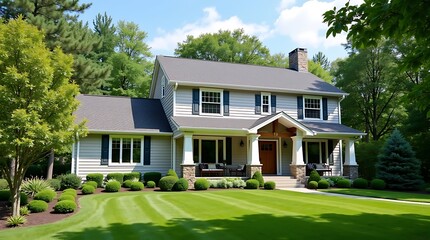 A beautiful suburban two story family home with a well manicured lawn and lush green trees surrounding the property on a sunny day