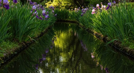 Fototapeta premium A serene canal lined with vibrant purple irises and lush green foliage reflecting in the calm water, creating a picturesque garden scene