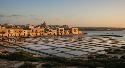 Fototapeta premium Magnificent salt pans reflecting soft light, showcasing traditional salt harvesting techniques by
