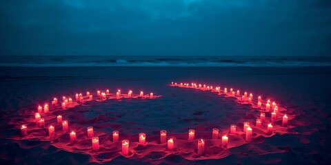 Ribbon of Red Candlelight on Sandy Beach at Dusk with Ocean Horizon and Blue Hour Sky