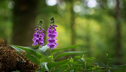 common skullcap plant in a lush green forest during the summer displaying its vibrant purple flowers in detail against a natural backdrop