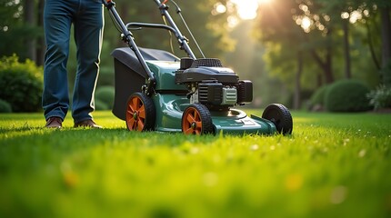 Close up of a person s legs and a lawnmower on a vibrant green lawn during a sunny day with warm sunlight filtering through trees creating a pleasant atmosphere