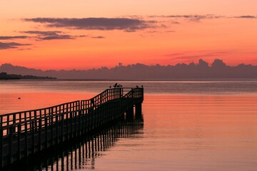 Obraz premium jetty with sea birds at the ocean with red sky.