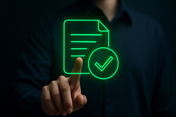 Professional hand tapping glowing green digital document checkmark icon, futuristic user interface concept, technology communication approval verification, dark background