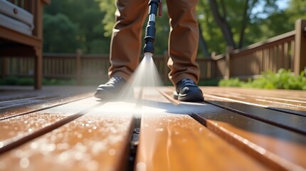Close up low angle shot of a person wearing brown pants and dark shoes pressure washing a wooden deck on a sunny day