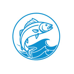 Jumping Fish Emblem in Circle with Waves - Aquatic Life Emblematic Design
