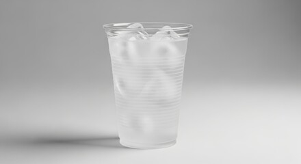 Clear plastic cup filled with ice and water on gray background
