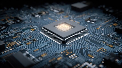 Close Up of Central Processing Unit on Computer Circuit Board with Bright Illuminated Chip