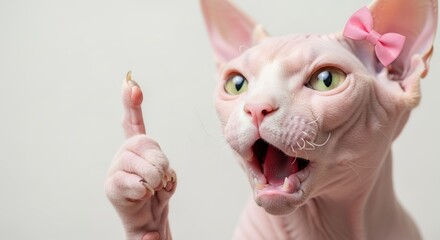 Naklejka premium Expressive hairless cat with bow gesturing with paw