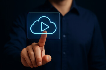 Modern cloud technology concept with digital play button symbol for online streaming, data storage, video access and media services