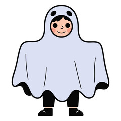 Cute child in Halloween ghost costume ready for trick or treat