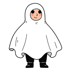 Cute ghost costume smiling, ready for Halloween fun and spooky vibes