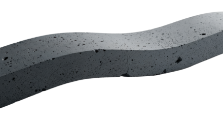 Close-up macro of a thick, raw, matte slate gray concrete strip with aggregate and imperfections, subtly undulating on a transparent studio background, brutalist material study