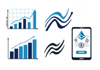 Digital financial growth charts and mobile app interface with abstract blue wave patterns isolated on transparent background