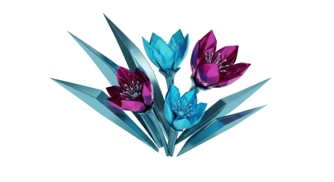 Unfolding, faceted alien blossoms in deep magenta & electric cyan with sleek metallic blue-green geometric foliage, highly reflective, against transparent. Concept of advanced futuristic flora