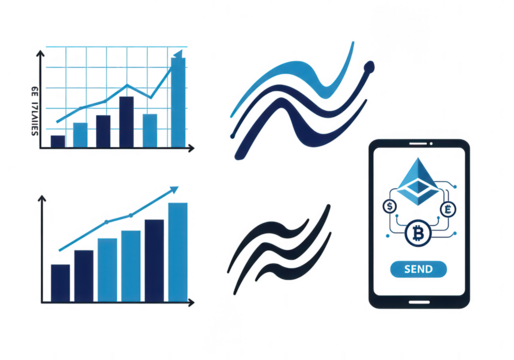 Digital financial growth charts and mobile app interface with abstract blue wave patterns isolated on transparent background