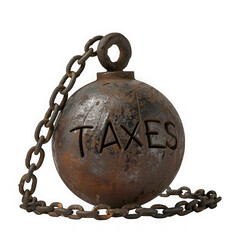 Heavy rusty ball and chain with the word taxes carved into it, isolated on transparent background