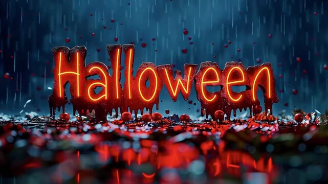 Crimson blood dripping beneath heavy rain, splattering red confetti across wet ground during ominous halloween night with haunting visual design