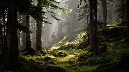 Obraz premium Sunlight filters through a misty forest, illuminating moss-covered slopes and tall trees.