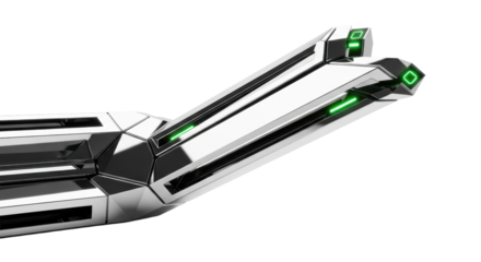Highly polished reflective chrome geometric structure with sharp edges and glowing green connectors, diagonally extending on a transparent background, futuristic technology concept