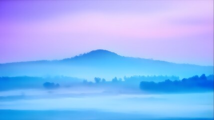Fototapeta premium A tranquil landscape, shrouded in soft, pastel hues of lavender and azure, displays a misty morning scene with a distant mountain range, painted with gentle gradients.