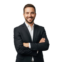 Smiling businessman confidently posed in a black suit with arms crossed professional portrait