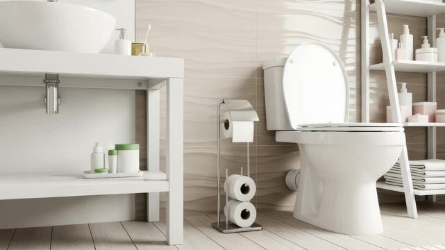 A modern bathroom interior featuring a white toilet, a white vanity with a sink, and a ladder shelf filled with toiletries and towels