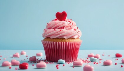 Red cupcake with pink frosting and heart topper dessert