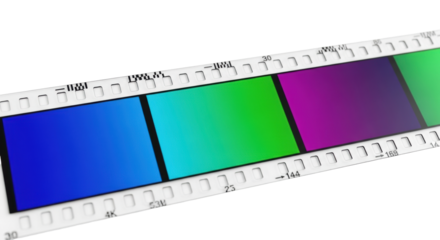 A pristine 35mm transparent film strip, pixel-perfect electric blue to deep violet gradients, sharp perforations, on stark white, studio macro shot. Concept of future media archival