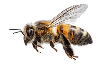 Close up of a honeybee flying isolated on transparent background