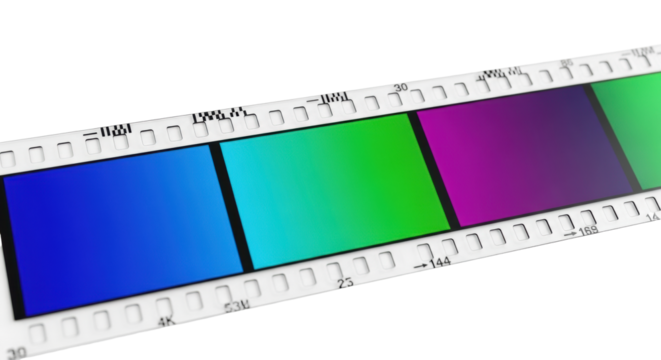 A pristine 35mm transparent film strip, pixel-perfect electric blue to deep violet gradients, sharp perforations, on stark white, studio macro shot. Concept of future media archival