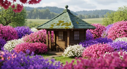 A serene garden hideaway Green tea house amidst vibrant blooming azaleas