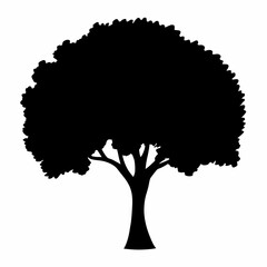 Silhouette of a single tree with dense foliage against a white background