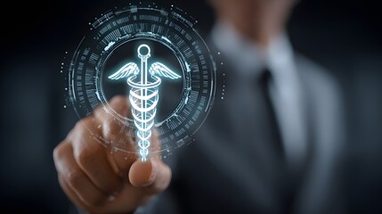 A person interacts with a digital medical symbol, projected onto a dark background.