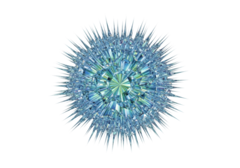 Dynamic iridescent blue-green crystalline fractal energy burst, radiating, isolated on transparent background with copy space, concept of contained power, scientific artistry