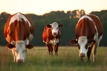 Obraz premium Three brown and white cows grazing in a lush green pasture at sunset
