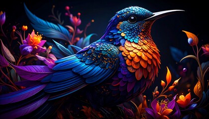 Vibrant Hummingbird in a Surreal Floral Setting: Digital Art