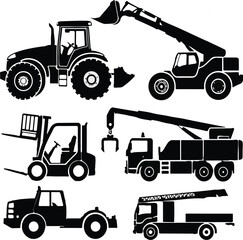 Heavy vehicle silhouette, heavy traffic icons, truck, tractor, construction, equipment, machine, vehicle, crane, machinery,