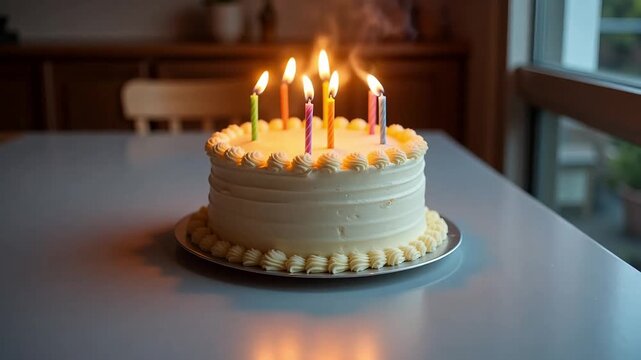 Frosted cake with burning candles on a silver plate sitting on a blue table near a window indoors