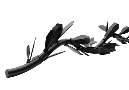 A matte black bio-synthetic vine with articulated segmented plates on a transparent background, lit by cold lab light, concept of advanced technological design