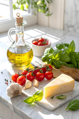 Fresh Tomatoes and Herbs on a Marble Kitchen Counter