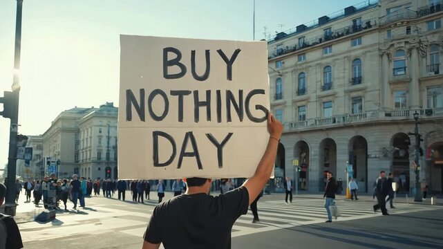 Person holding a Buy Nothing Day protest sign in a busy city street, promoting anti-consumerism and awareness.
