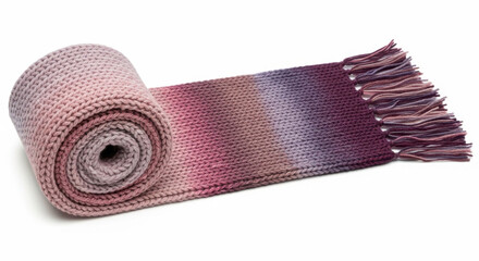 Rolled knitted scarf with ombre effect in shades of pink and purple against a white background