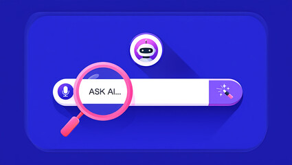 A I search bar with magnifying glass and magic wand artificial intelligence