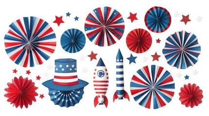 Obraz premium Collection of patriotic american holiday decorations including paper fans, rockets, and a top hat, isolated on transparent background